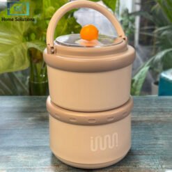 Mauve Stainless Steel 2 Layer Lunch Box with Foldable Handle Spoon 5 - Home Solutions