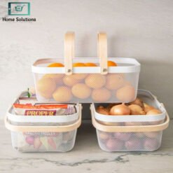 mesh metal storage fruit basket with wooden handle