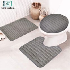 3-piece bathroom mat set with a soft bath mat, contour rug, and toilet lid cover in matching design, non-slip and absorbent for everyday bathroom use.