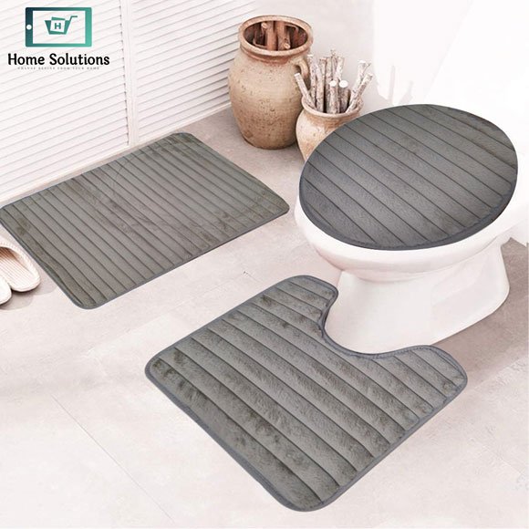 3-Piece Bath Mat Set – Soft Anti-Slip Bath & Toilet Rugs - Striped Design 3 3-piece bathroom mat set with a soft bath mat, contour rug, and toilet lid cover in matching design, non-slip and absorbent for everyday bathroom use.