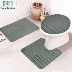 3-piece bathroom mat set with a soft bath mat, contour rug, and toilet lid cover in matching design, non-slip and absorbent for everyday bathroom use.