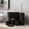 Modern black bathroom Accessories set with bamboo accents