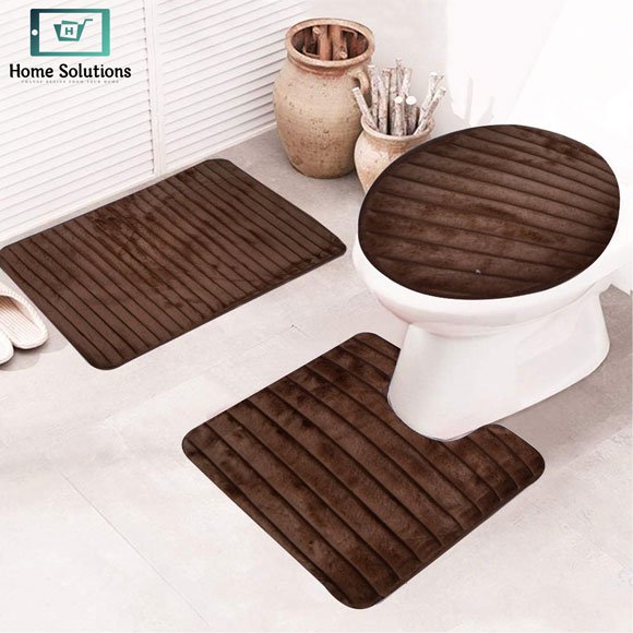 3-Piece Bath Mat Set – Soft Anti-Slip Bath & Toilet Rugs - Striped Design 3 3-piece bathroom mat set with a soft bath mat, contour rug, and toilet lid cover in matching design, non-slip and absorbent for everyday bathroom use.