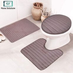 3-piece bathroom mat set with a soft bath mat, contour rug, and toilet lid cover in matching design, non-slip and absorbent for everyday bathroom use.