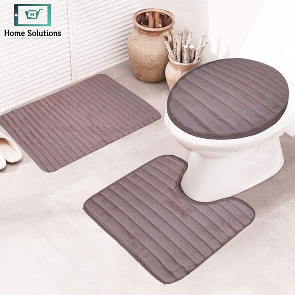 3-Piece Bath Mat Set – Soft Anti-Slip Bath & Toilet Rugs - Striped Design 3 3-piece bathroom mat set with a soft bath mat, contour rug, and toilet lid cover in matching design, non-slip and absorbent for everyday bathroom use.