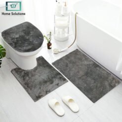 3-piece bathroom mat set with a soft bath mat, contour rug, and toilet lid cover in matching design, non-slip and absorbent for everyday bathroom use.