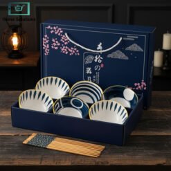 Elegant Japanese ceramic bowls set with golden ribbon bag