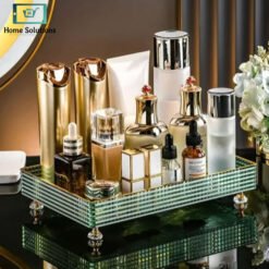“Transparent acrylic vanity organizer tray for organizing perfumes, makeup, and cosmetics”