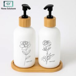Alternative view of Frosted Glass Soap Dispenser Set with Bamboo Tray – 2 Piece
