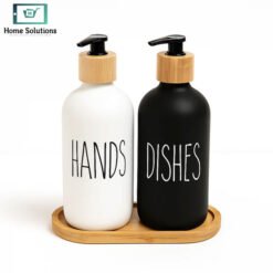 Alternative view of Dual Soap Dispenser with Bamboo Tray – Frosted Glass Hands & Dishes Set