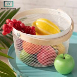 Round mesh metal storage fruit basket with wooden handle
