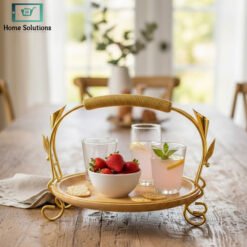 Alternative view of Luxury Bamboo Serving Platter with Golden Petal Handle Stand