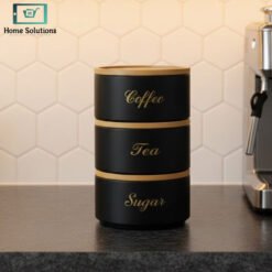 Stacking metal canister set black with bamboo lids