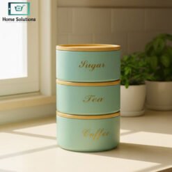 Stacking metal canister set Green with bamboo lids
