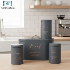 Grey metal bread bin and canister set