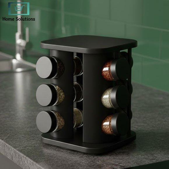 Revolving Spice Rack with 12 Glass Spice Jars – Matte Black 4 Revolving Spice Rack with 12 Glass Spice Jars – Matte Black - Image 3