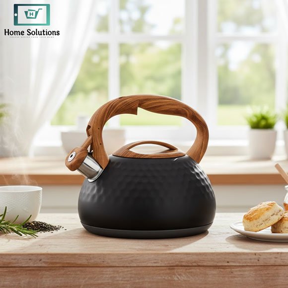 HausRoland Black Textured Whistling Kettle – Stainless Steel Tea Pot 3 Black stainless steel tea kettle with ergonomic handle and whistling spout