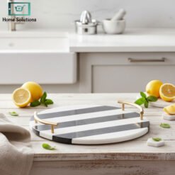 Alternative view of Round Marble Tray with Gold Handles - Black & White Striped