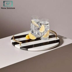 Black and white striped round marble tray with gold handles