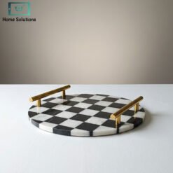 Black and white striped round marble tray with gold handles