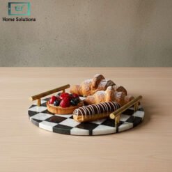 Alternative view of Round Marble Tray with Gold Handles - Black & White Checkerboard