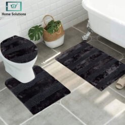 3-piece bathroom mat set with a soft bath mat, contour rug, and toilet lid cover in matching design, non-slip and absorbent for everyday bathroom use.