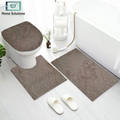 3-piece bathroom mat set with a soft bath mat, contour rug, and toilet lid cover in matching design, non-slip and absorbent for everyday bathroom use.