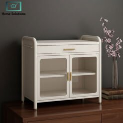 Binca Luxe counter cabinet with glass doors and gold handles in off-white finish