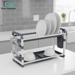 Binca 2 tier aluminium dish rack with utensil holder and drip tray