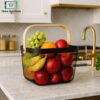 Square mesh metal storage fruit basket with wooden handle