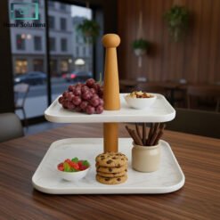 Alternative view of Two-Tier White Serving Tray with Wooden Stand
