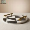 Black and white striped round marble tray with gold handles