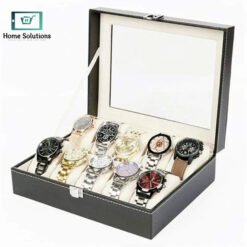 Large black leather 10-slot watch organizer box with glass lid