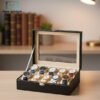 Large black leather 10-slot watch organizer box with glass lid
