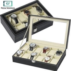 Alternative view of Large 12-Slot Watch Organizer Box with Glass Lid – Black Leather Display Case