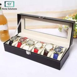Large black leather 6-slot watch organizer box with glass lid