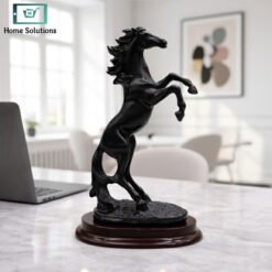 Luxury black rearing horse sculpture with wooden base