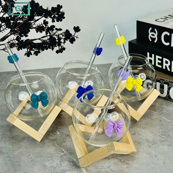 Bow Lunar Glass Round Tumblers with Glass Straws & Wooden Stands 3 Bow Lunar Glass Round Tumblers with Glass Straws & Wooden Stands - Image 2