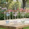 butterfly ice tea glass with straw and lid reusable cold drink cup