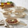 Falez 9-piece granite non-stick cookware set creamy and gold made in Turkey