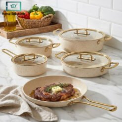 Falez 9-piece granite non-stick cookware set creamy and gold made in Turkey