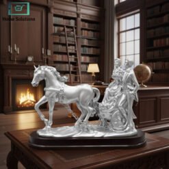 Alternative view of Horse & Carriage Sculpture with Wooden Base Silver