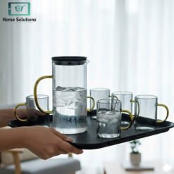 Alternative view of Modern Lightweight Amber Glass Water Pitcher Set – 1.5L Jug with 6 Mugs & Filter Lid