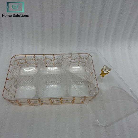 Elegant Acrylic Dry Fruit Tray 6-Section with Gold Mesh Frame & Crystal Lid Knob 4 Elegant Acrylic Dry Fruit Tray 6-Section with Gold Mesh Frame & Crystal Lid Knob - Image 2