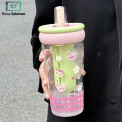 Cute Glass Sipper Cup 630ml with Straw & Handle - 630ml 6 tumbler - Home Solutions