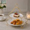 Brilliant 2-Tier Serving Stand with Ceramic Plates 2 brilliant 2 tier serving stand with ceramic plates gold metal frame dessert snack display stand elegant tableware
