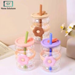 Glass flower design sipper cup with straw