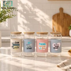 Clear Glass Cup 450ml with Straw and Bamboo Lid