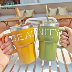 Stainless Steel Coffee Mug 600ml with Straw Lid and Handle