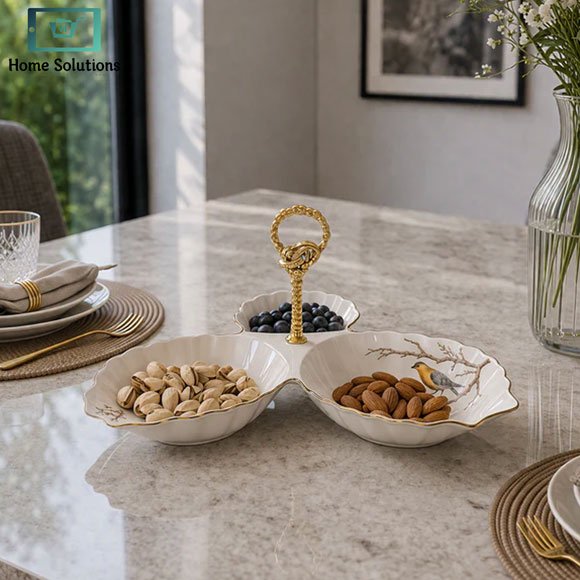 Elegant Ceramic Serving Dish with Bird Design & Gold Handle 2 Elegant ceramic serving dish bird design gold handle